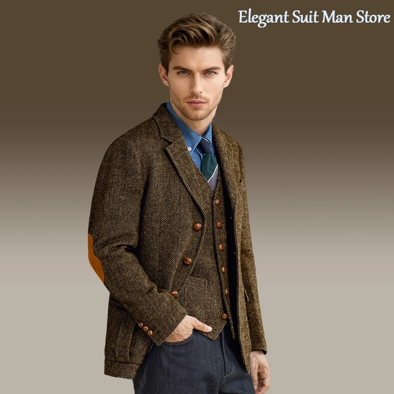 

Мужской комплект из 2 предметов, пальто, жилеты, однобортный однобортный куртка в стиле ретро с узором «елочка», жилет, деловой повседневный приталенный пиджак, жилет