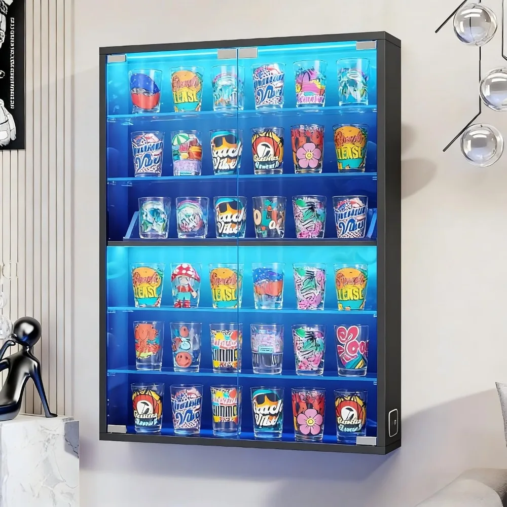 6-Tier Wall Display Case with LED Lights, Glass Doors, Adjustable Shelves, Black view 3