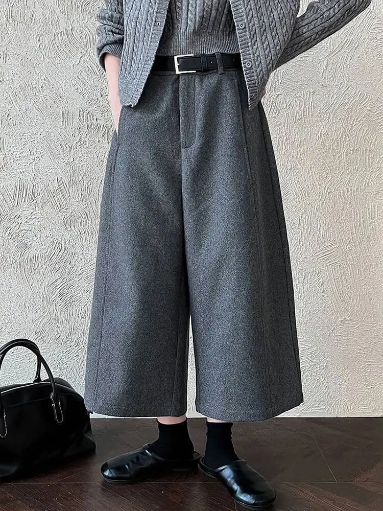 ハイウエストライトグレー厚いエレガントなロングワイドレッグウールパンツ新しいズボン女性ファッション潮春秋