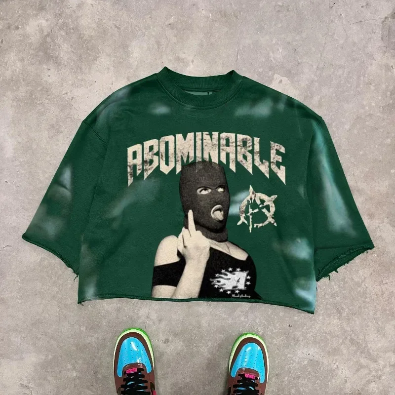 Y2K New Trend American Hip-hop Punk Portrait Graphic Print Super Green T-shirt Men's and Women's T-neck Cotton Short Shirt