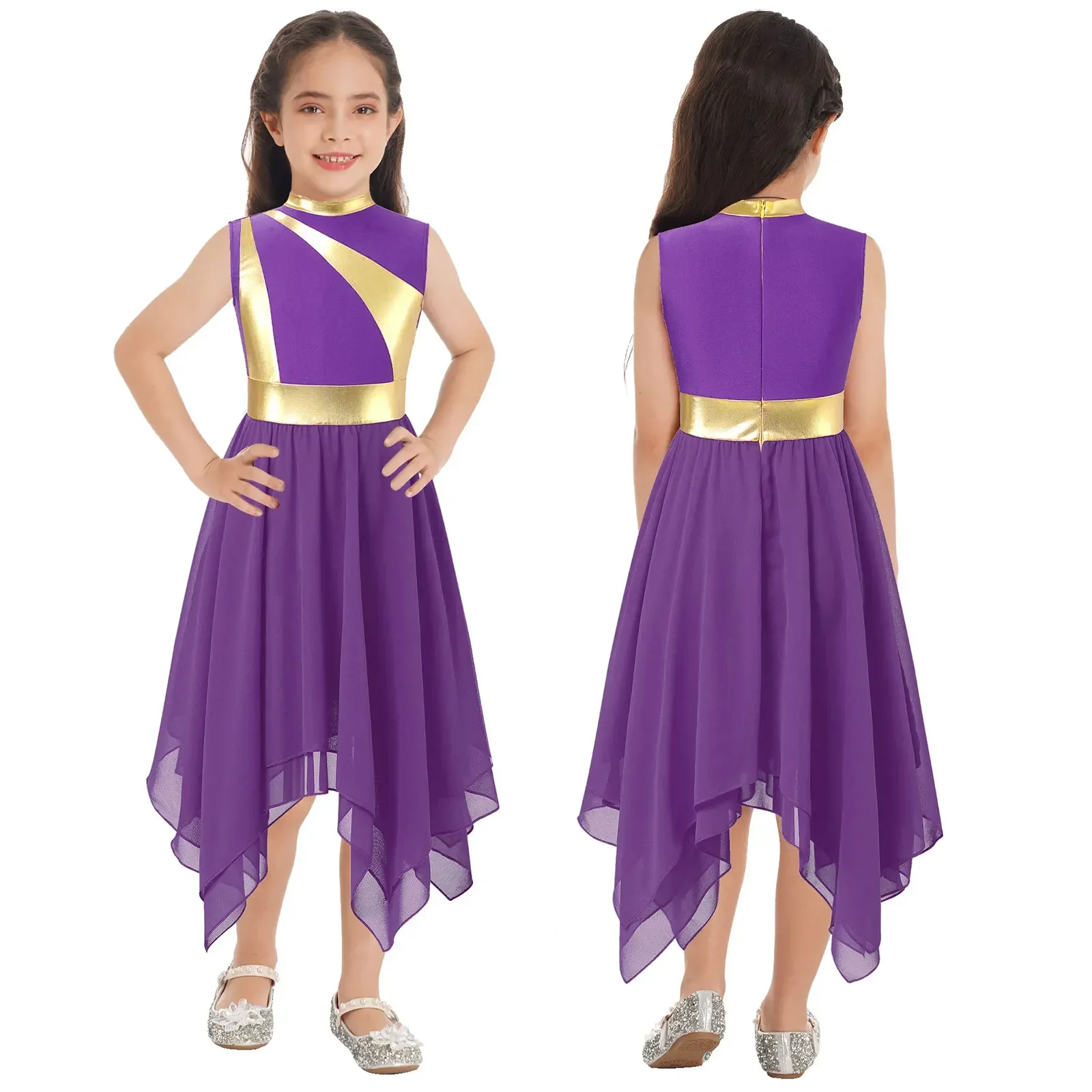 Kids Girls Praise Ballet Lyrical Dance Dress Sleeveless Asymmetrical Liturgical Worship Costume Ballroom Contemporary Dancewear