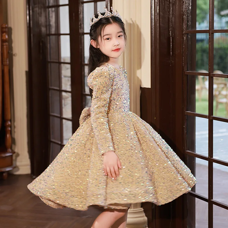 Girls' Spring/Autumn and Winter Birthday Party Sequined Western Style Host Evening Dress Catwalk Piano Performance Princess