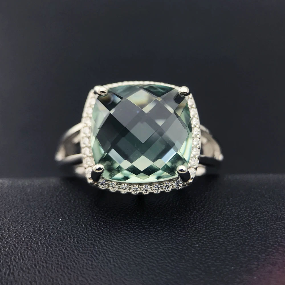 CSJ Elegant Green Amethyst Ring Cushion Cut12mm Gemstone Sterling 925 Silver Fine Jewelry for Women Girl Party with Gift Box