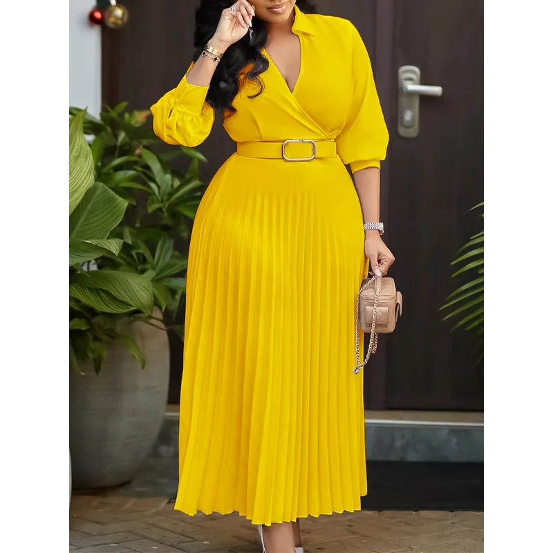 

Purple Fashion Belt V-Neck Long Sleeve A-Line Pleated Dress Women Elegant Slim Evening Party Club Vestidos African Robe