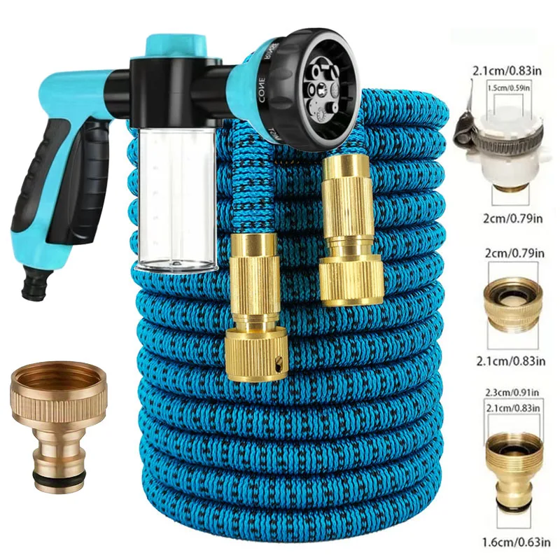 25‑150Ft Expandable Magic Garden Hose, 8 Function Spray Gun With Foam Pot, Brass Adapters, Retractable Water Pipe For Home Car W