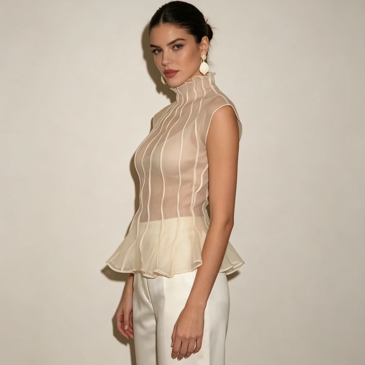 LIMO 2026 New Women Sheer Organza Blouse Sleeveless High Neck Ruffle Peplum Top Elegant Party Shirt