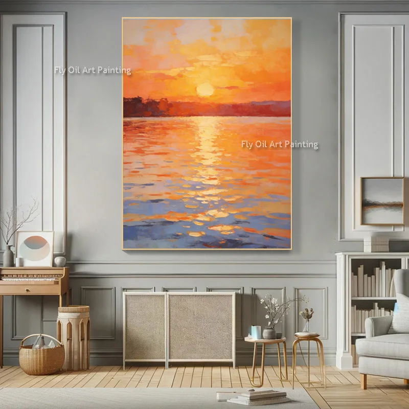 Fashion Wall Art Orange Yellow Sea Sunset Canvas Thick Artwork Large Modern Original Blue Yellow Seascape Oil Painting For Home