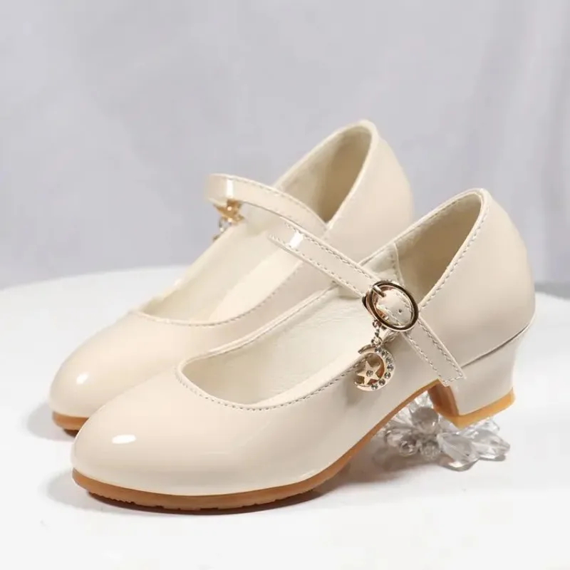 

Girls Spring Autumn Fashion Korean Edition Girl High Heel Leather Shoes Crystal Performance Children Shoes Paint Solid Color