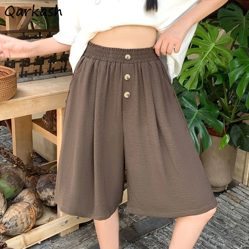 

Korean Style Shorts for Women Loose College Solid Elastic Waist Summer Fashion New Casual Thin Button All-match Fit Minimalist