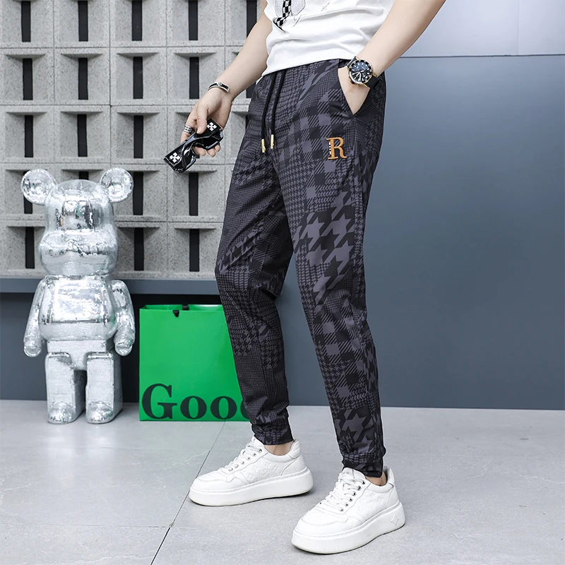 Summer Retro Pattern Print Men's Ice Silk Trousers Mid-Waist Loose Breathable Straight-Leg Casual Pants Thin Quick-Drying Pants