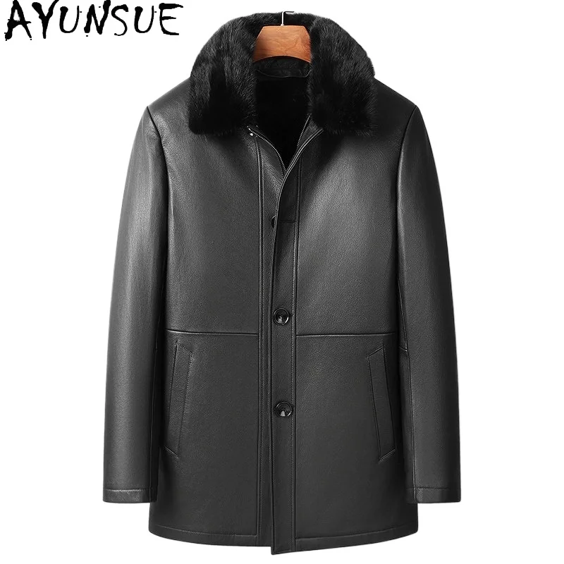 

AYUNSUE Genuine Goatskin Leather Jacket Men Winter Detachable Mink Fur Liner Real Fur Coat Mid-length Warm Fur Jackets Outwears
