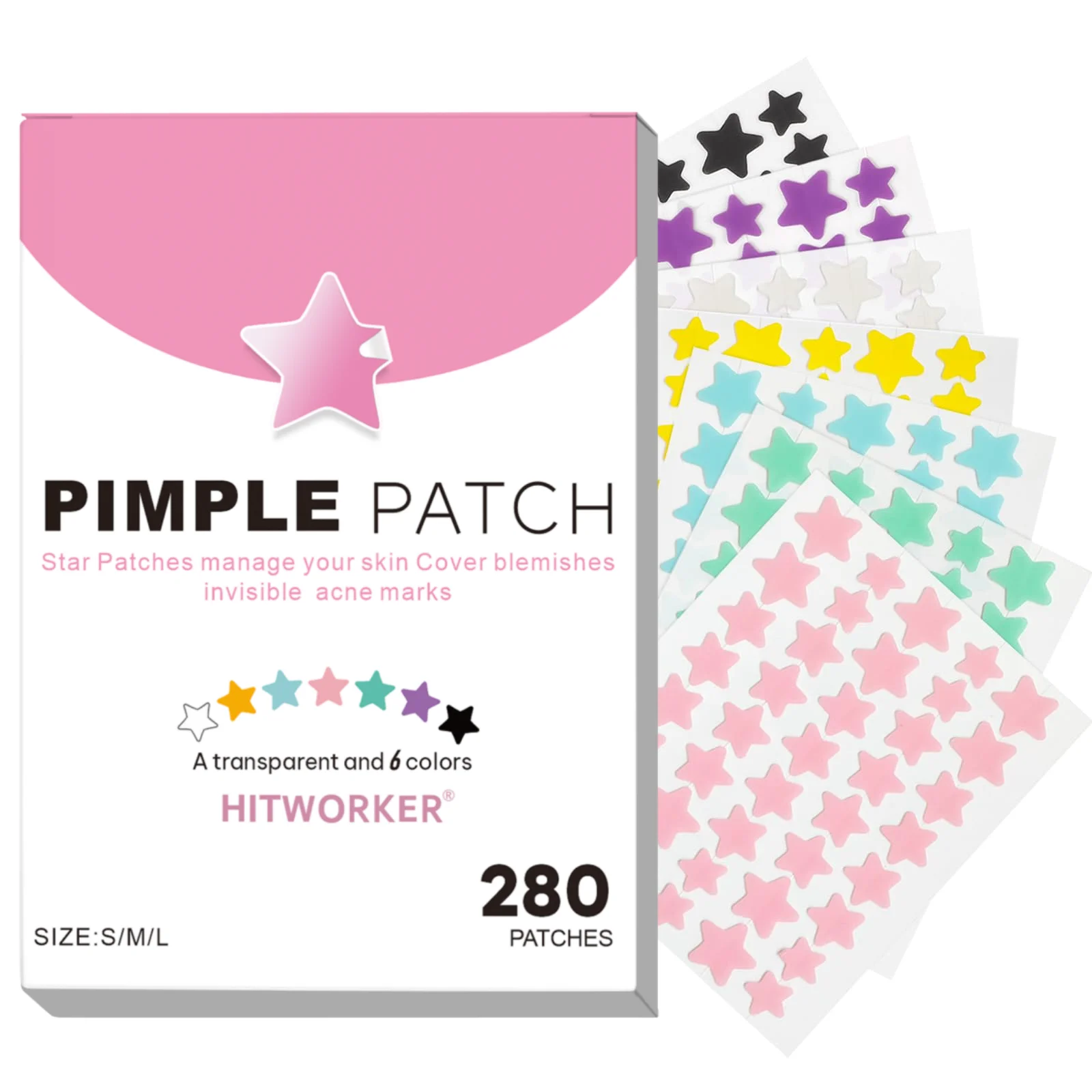 280 رقعة بثرة - رقع حب الشباب اللطيفة وغير المهيجة، رقع بثرة لعلاج حب الشباب - رقع متعددة الألوان على شكل نجمة، ماء