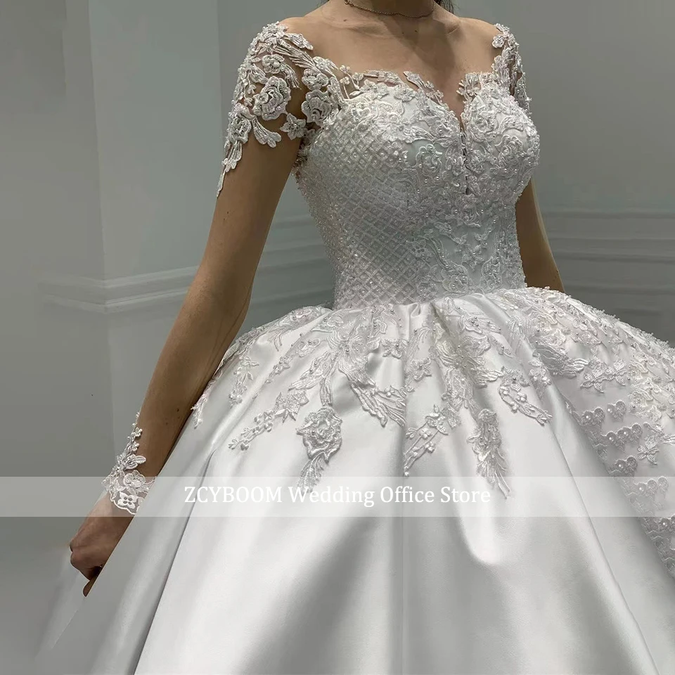 Personalizado vestido de baile de cetim mangas compridas vestido de casamento 2024 princesa rendas apliques pérola frisado vestido de noiva novia