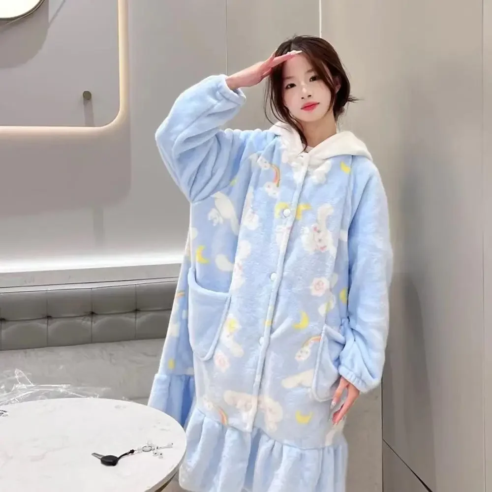 Sanrioed Cartoon Cinnamoroll Melody Women Plush Pajamas Robe Set Anime Kawaii Homewear Cute Long Style Thickened Nightgown Pants