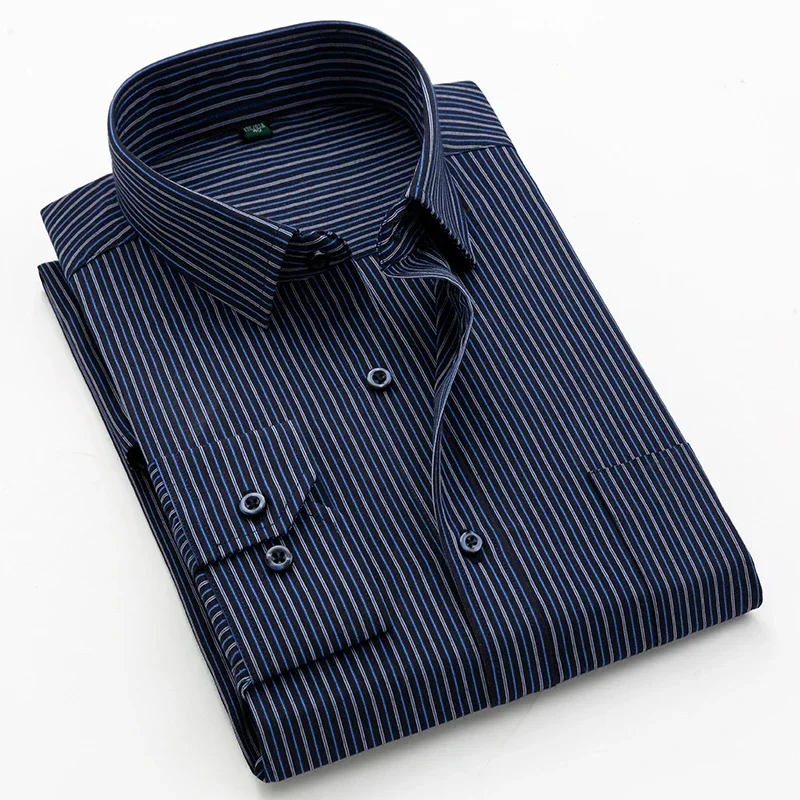 Men's Classic Long Sleeve Solid Striped Basic Dress Shirts Single Patch Pocket Formal Business Standard Fit Office Social Shirt