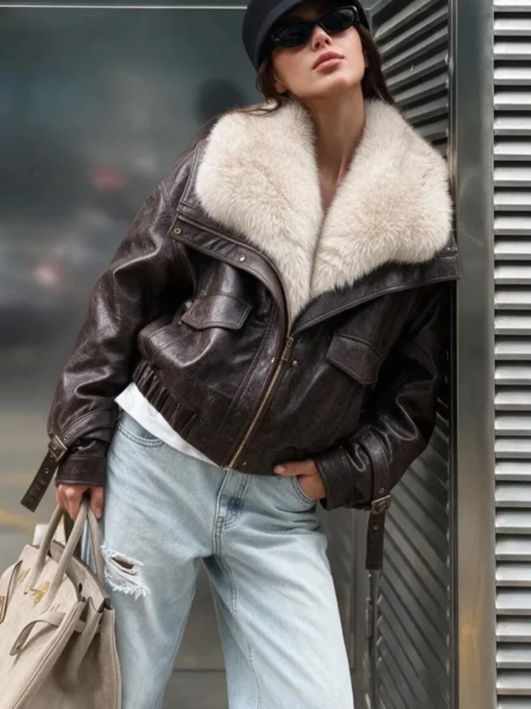 Thick Brown Vintage Faux Fur Collar Cropped Coat Zipper Cuff Strap Buckle Elastic Hem Warm Soft Autumn Daily Popular Streetwear