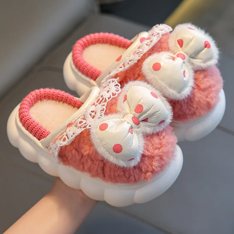 Autumn Winter New Princess Cotton Slippers for Girls Cute Bow Home Shoes Kids Warm Fur Slippers Indoor Anti-slip Floor Shoes 슬리퍼