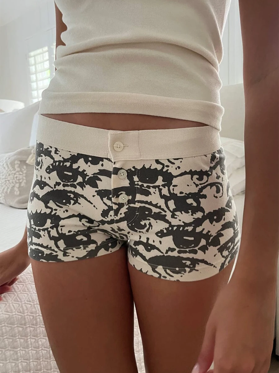Loungeshorts voor dames, lage taille, knoopsluiting, bedrukte pyjamashorts, nachtkleding
