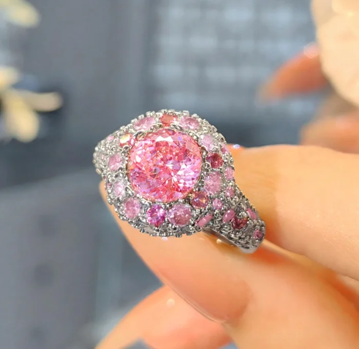 Rose Hallway Gradient Pink Diamond Nest Cut Ring - Full of Diamonds, Super Glittering, Stars All Over The Place Women's Ring