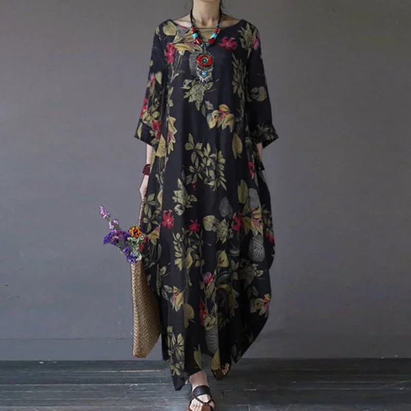 

2025 NEW Muslim Abayat Dress for Women Loose Cotton Linen Vintage Robe Musulman Pullover Round Neck African Dresses