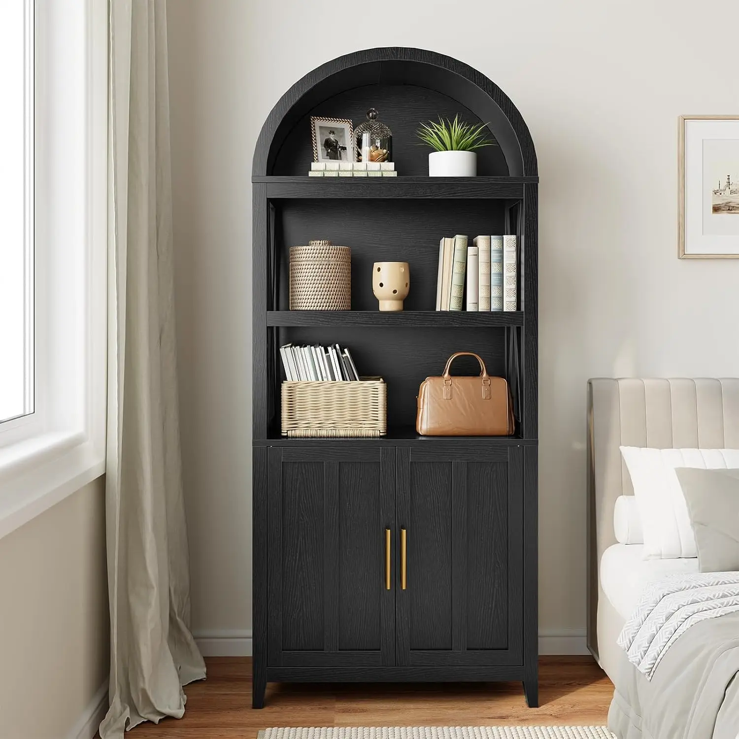 standing engineered wood bookcase with 5 shelves