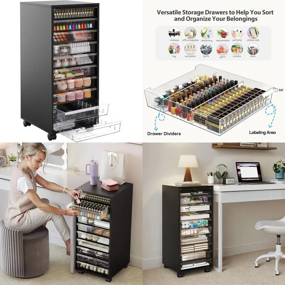 Шкаф для хранения на колесиках с 10 прозрачными ящиками для макияжа, поделок и офисов — черная деревянная универсальная тележка