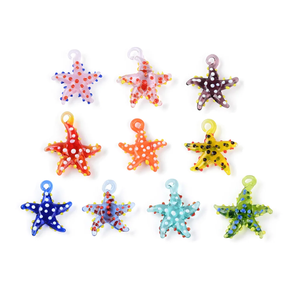 6PCS Glass Starfish Pendant Cute Doll Glass Pendant Colorful Small Starfish Jewelry Making Necklace Earrings DIY Accessories