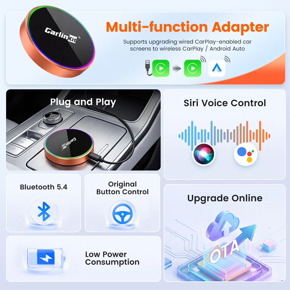 2026 CarlinKit 4.0 MAX Wireless CarPlay Adapter 3 In 1 Mini Android Auto Wireless Dongle for Mirror Mode OEM CarPlay Smart Car Systems USB-B/Type-C No Delay
