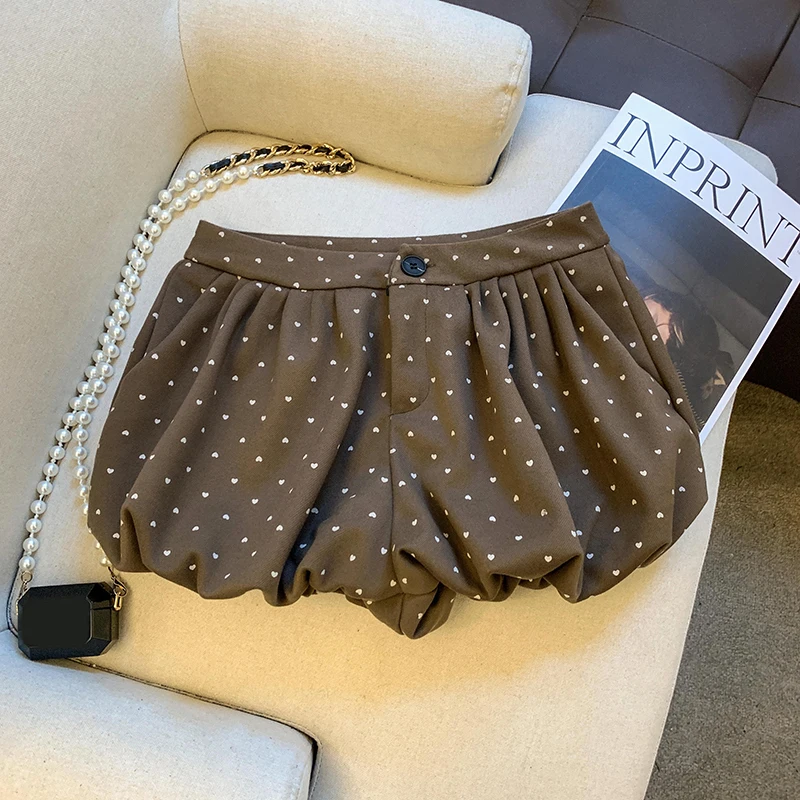 Vintage Autumn Casual Shorts Women Sweet Preppy Heart Print Kawaii Shorts Korean Cute High Waist Retro Female Lantern Shorts New