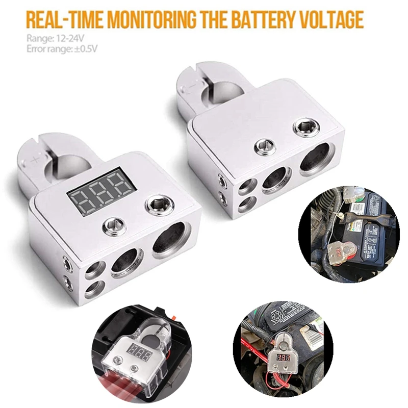 

2Pcs Car Battery Terminal Connectors Voltmeter Display 12V-24V Positive Negative Battery Clamp Audio Battery Head