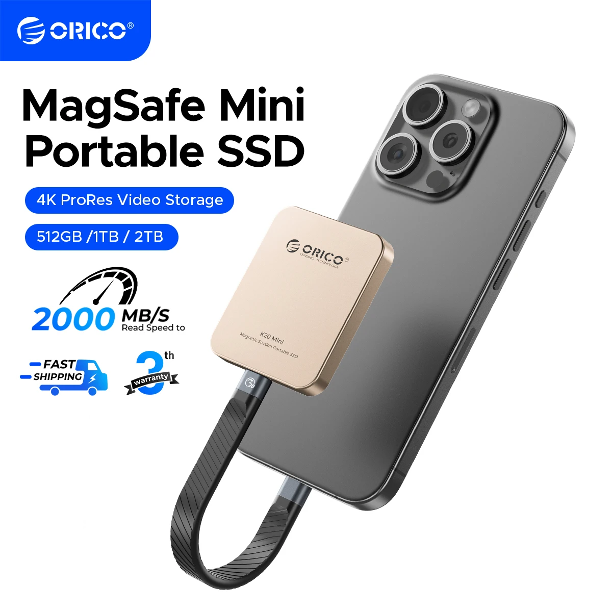 ORICO K20Mini Magnetic External SSD for iPhone 16 15 Pro/Max ProRes 2000MB/s 4K ProRes HDR Record and Store Portable Solid State