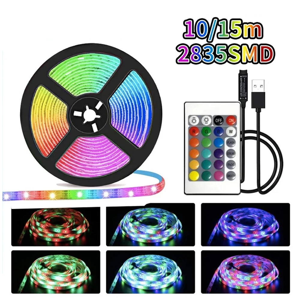 10 M/15 M/20 M USB LED Strip Light 2835 RGB Remote Control Elastyczna lampa Taśma Światła Wstążka TV Ekran stacjonarny Dioda podświetlenia