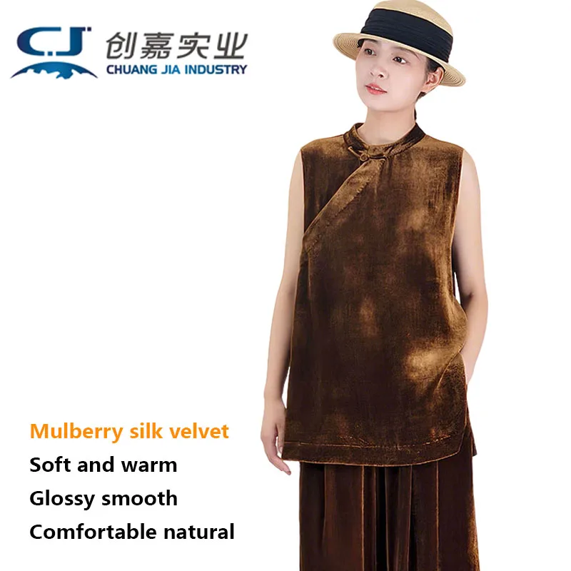 

Silk Velvet Women's Shirt Elegant Graceful Blouse Standing Collar Button Closure Vintage Style Shirt Spring Summer Casual Wear