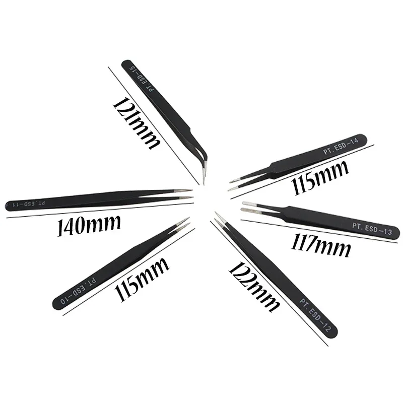6Pcs ESD Antistatic Tweezers Curved Straight Tips Anti-corrosion for Electronics Repair Nail Art Jewelry Bird Nest DIY Tools