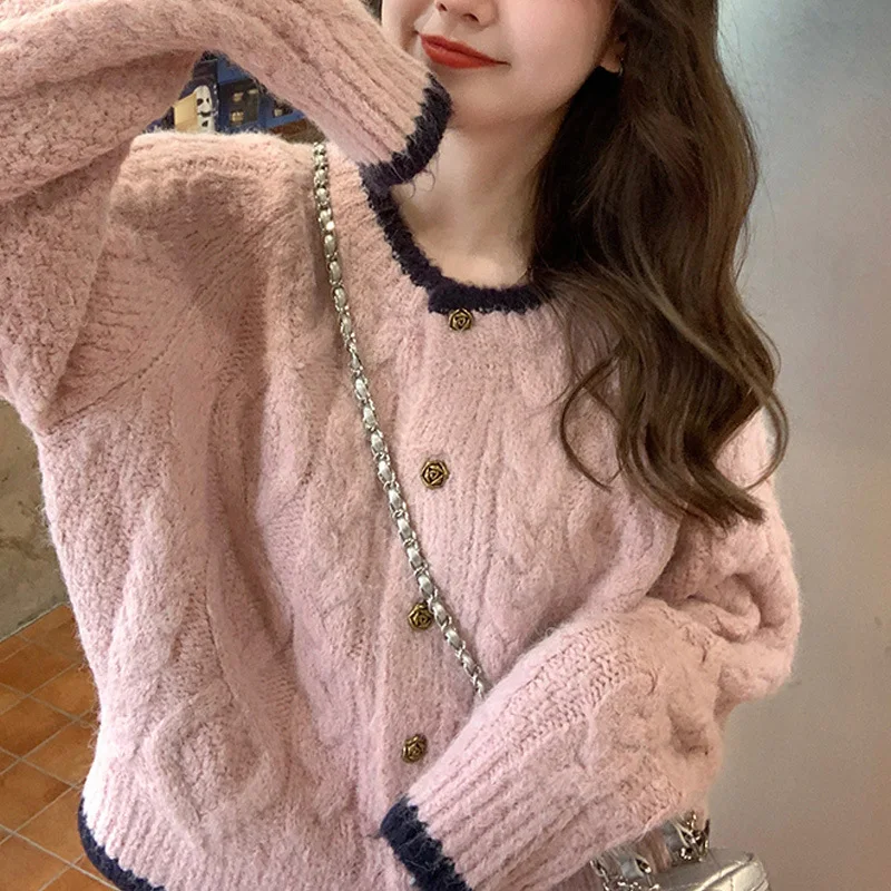 Cardigan women sweater 2026 new fashion round neck button twisted print retro soft knitted top for women's sweater clothing