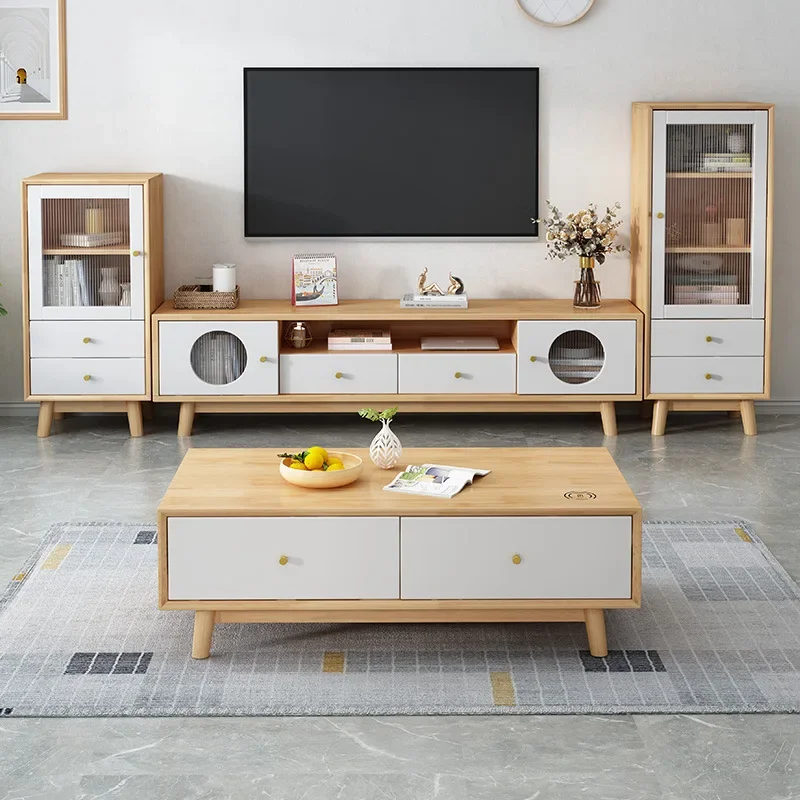 Meuble TV nordique en bois massif, combinaison de table basse, chargement USB sans fil, meuble de sol simple, mur pour petit appartement