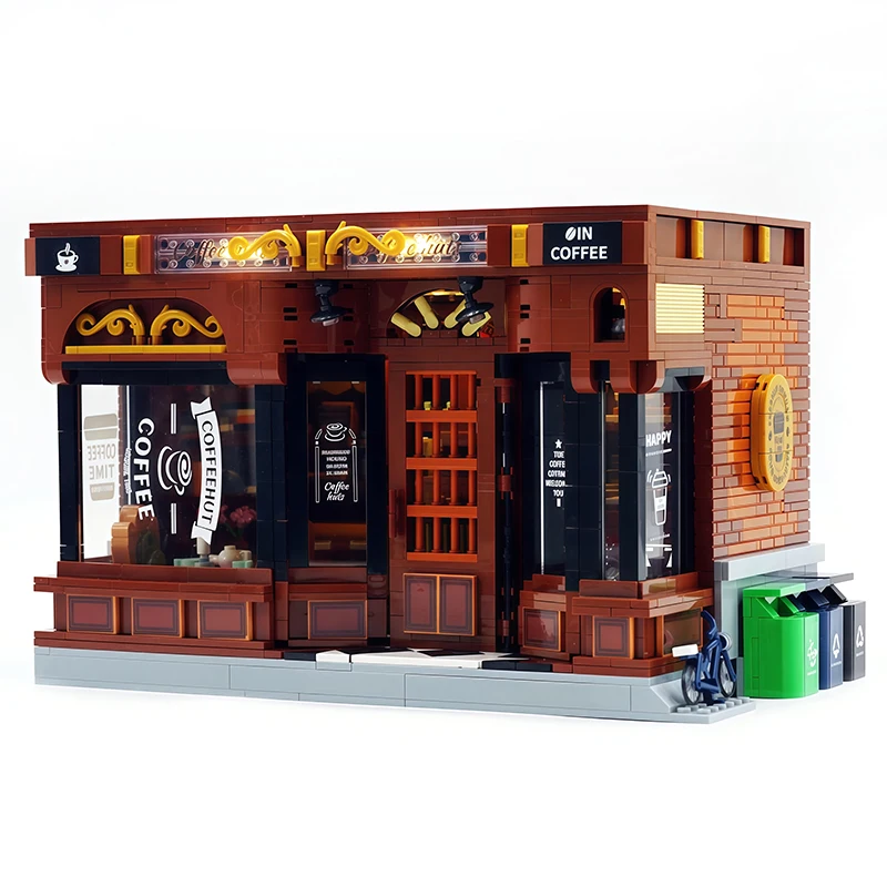 Blocos de construção de cafeteria estilo americano vintage jd131 street view cafe shop arquitetura tijolo brinquedos diy presentes de natal adultos