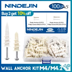 NINDEJIN 100pcs/set Self-drilling Drywall Plastic Anchors With Screw Kits Plasterboard Anchors Home Curtain Drywall Tool