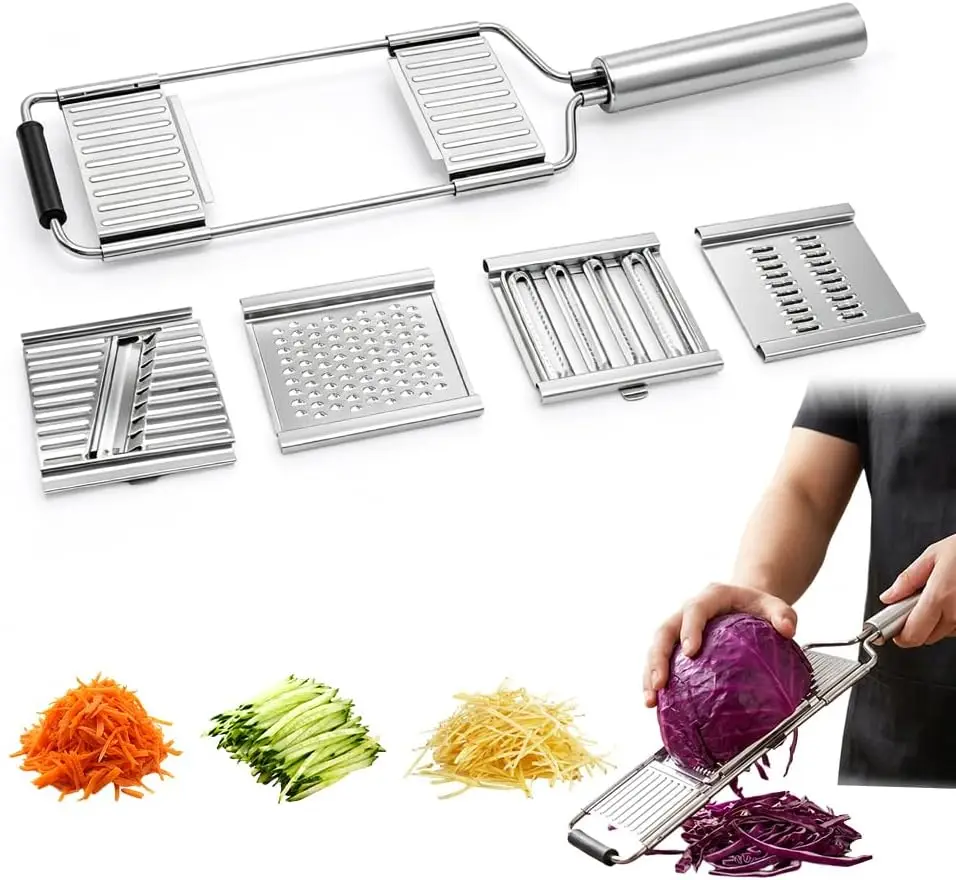 4-in-1 Vegetable Cutter with Cheese Grater, Stainless Steel Mandoline Slicer for Kitchen, Carrot Cucumber Cabbage Shredder, with Hook for Easy-Hang Storage