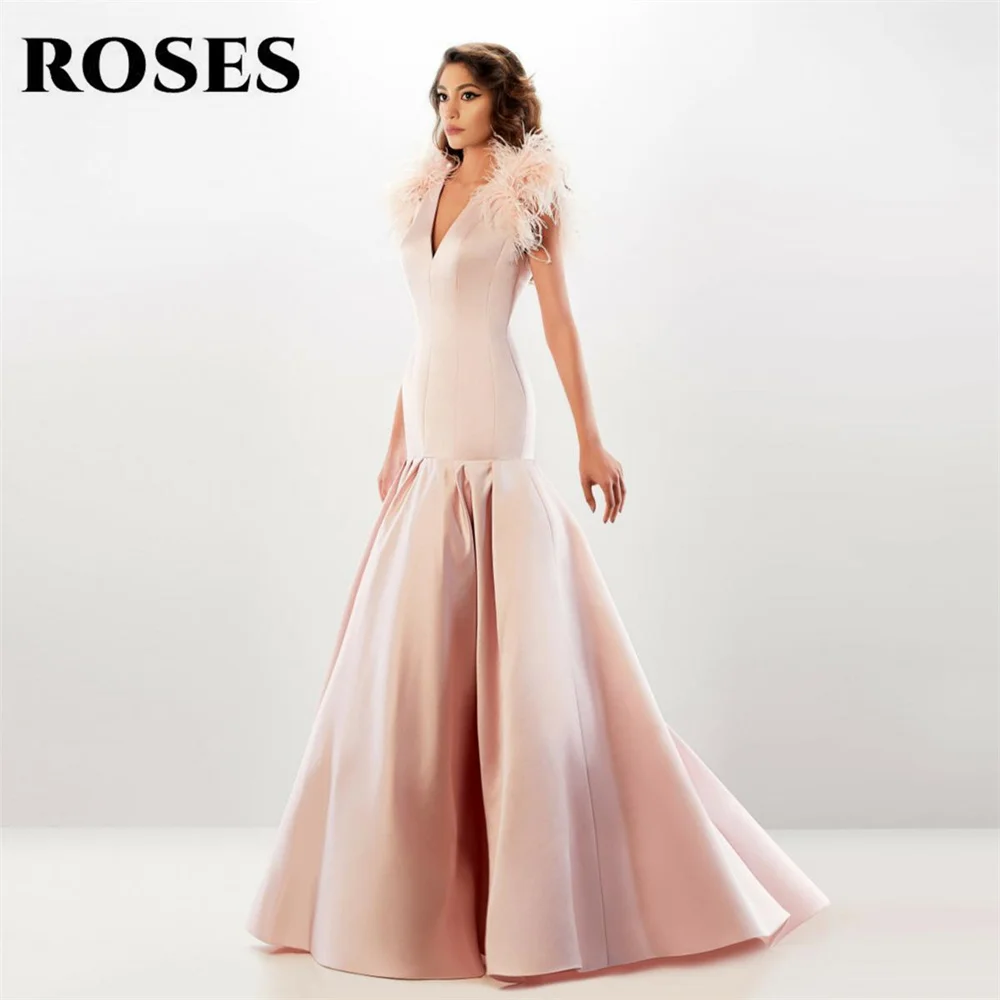 

ROSES Dusty Pink Mermaid Prom Dress Gown Feathers Party Dress Sleeveless Satin Tank Pleats Evening Dress for Woman Customized