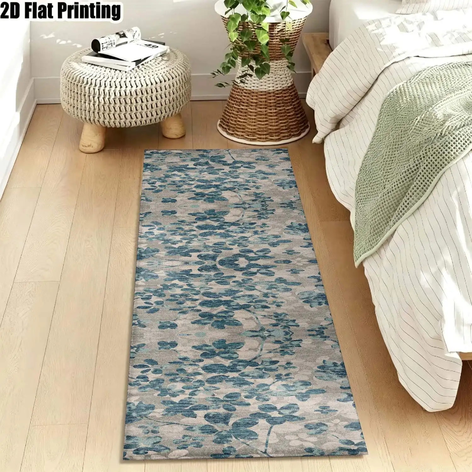1Pc 2D Printed Blue-Grey Leaf Nordic Minimalist Geometric Retro Long-Strip Runner Carpet Machine Washable, Multi-Size, Ideal for Entryway, Hallway, Bedroom, Living Room Home Decor.