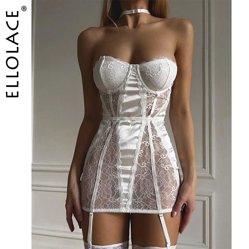 Ellolace Lace Halter Erotic Dress See Through Super Mini Dresses Sissy Daring Bodycon Statin Patchwork Sexy Clothes