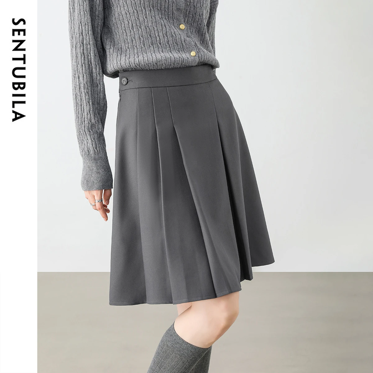 SENTUBILA Grey Pleated Skirts Women Preppy Style A-line Twill Classic Basic Mini Skirt Female Clothing 2026 Spring New 151Q58683