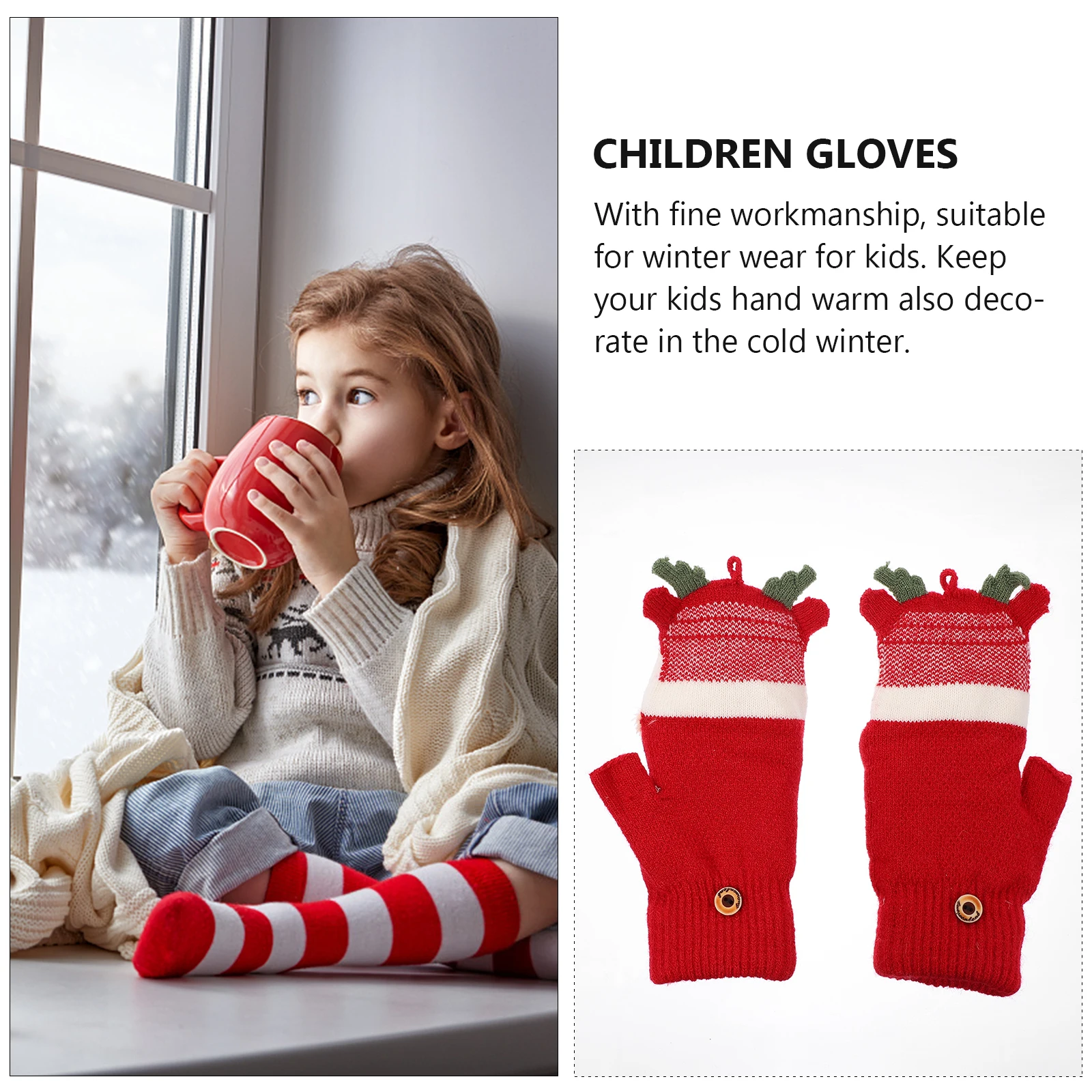 

1 Pair Winter Warm For Kids Outdoor Windproof Half-Finger Gloves Woolen Yarn Durable Touch Screen Gloves For Boys Girls