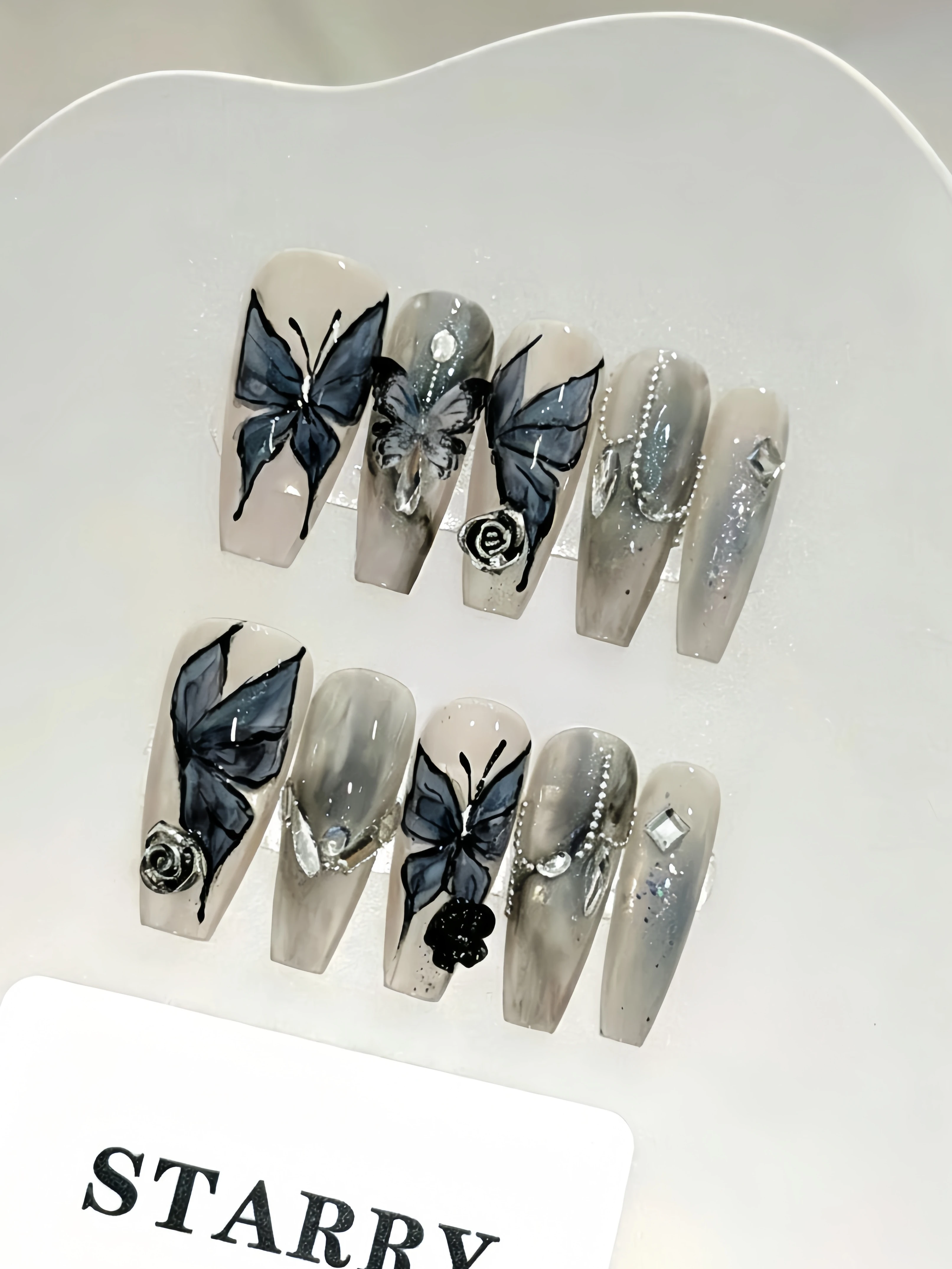10 Long Trapezoidal Press-On Nails, Gray Gradient Rhombus-Shaped Rhinestone Nail Pieces, Detachable Press-On Fake Nails for Halloween and New Year's Eve, Suitable for Everyday Outings and Parties