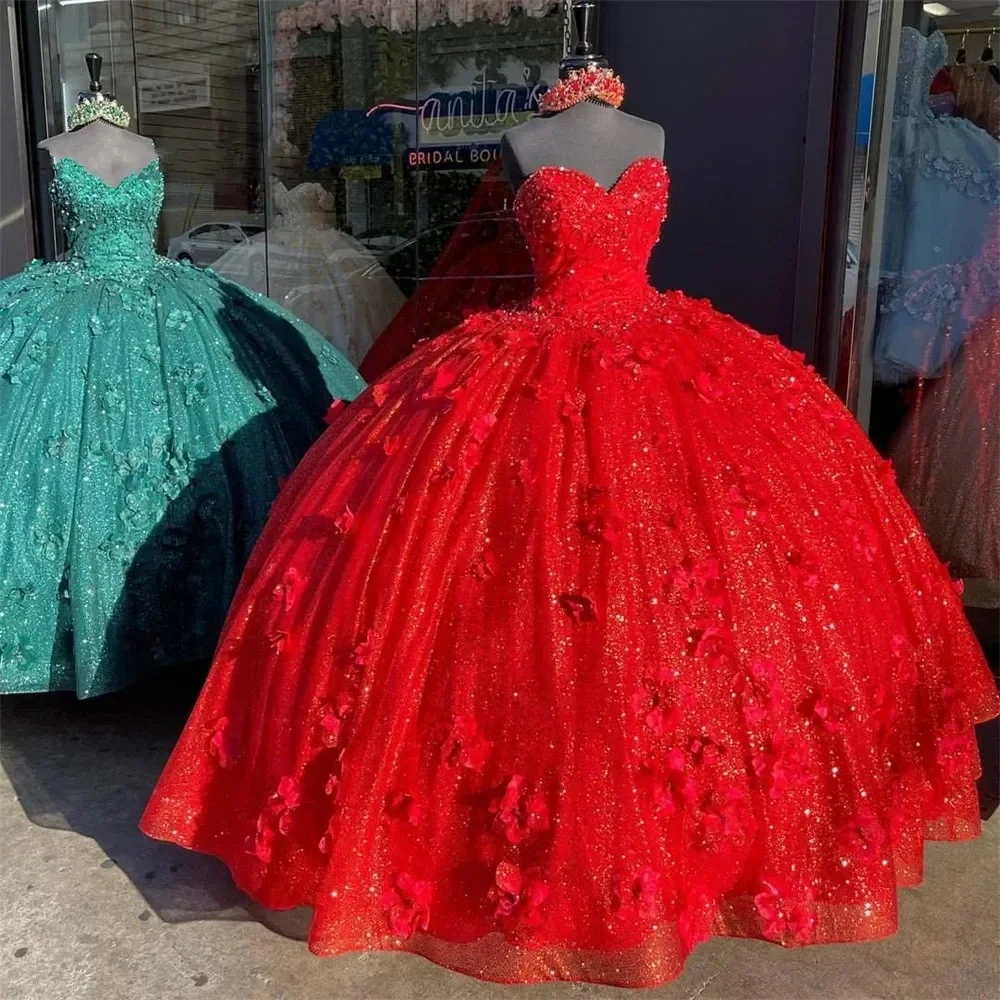 

Glittering Sweetheart Princess Quinceanera Dresses For 15 Party Fashion 3D Flower Lace Formal Cinderella Birthday Ball Gown Hot