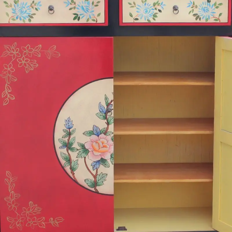New Chinese-style retro entrance cabinet, red and black flower painted double-door locker, door storage shoe cabinet