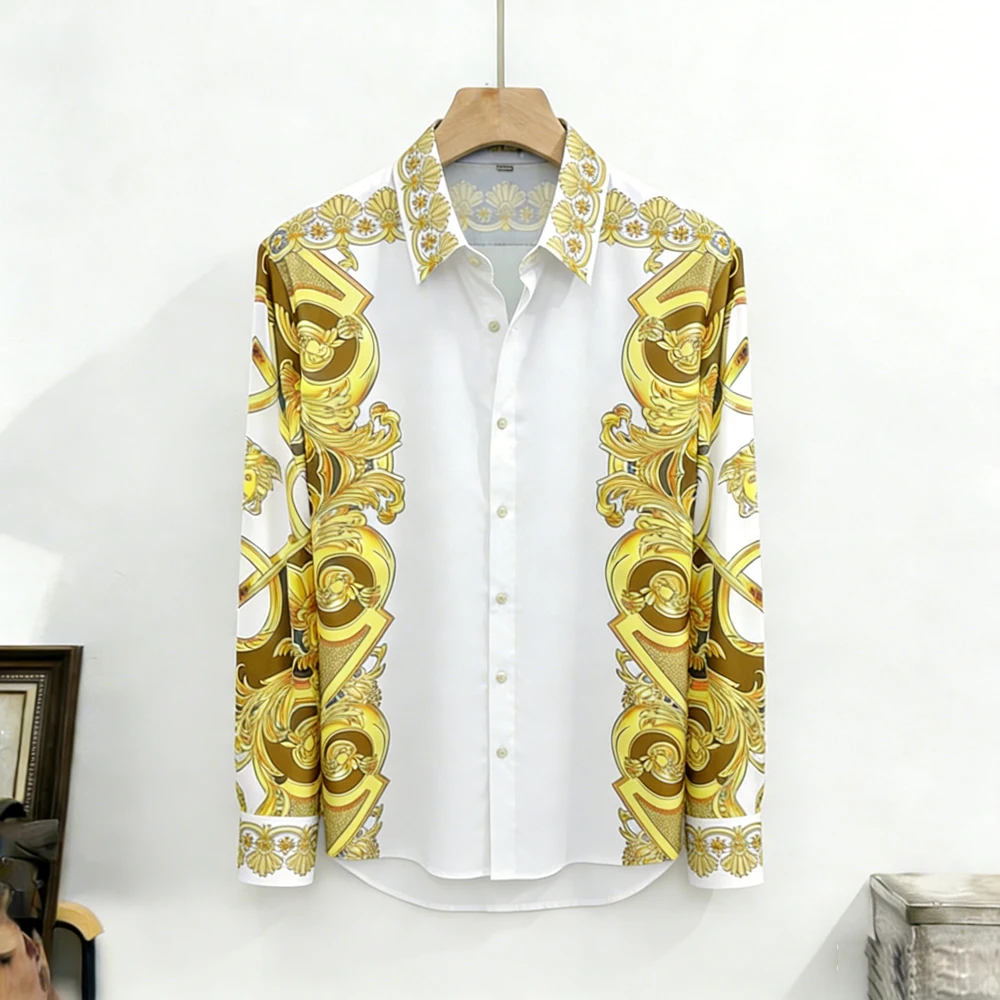 Men Luxury White Gold Brown Baroque Scroll Floral Medallion Panel Print Long Sleeve Shirt Turn Down Collar Party Tops