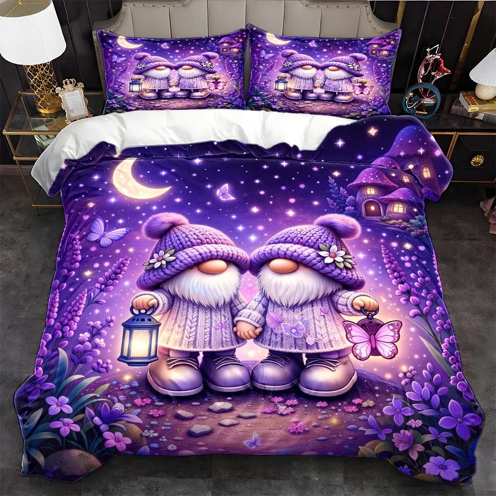 3Pc Dreamy Purple Elf Theme Duvet Cover Set, Three-Piece Bedding Set (1*Duvet Cover + 2*Pillowcases), Suitable for All Seasons, Machine Washable, Invisible Zipper Design, Large Double Bed Cover Set, Suitable for Home, Dormitory, Master Bedroom, Guest Room, Fairy Tale Style Printed Bedding, with Lighted Elf Lavender Floral Pattern, Soft and Skin-Friendly Bedding Set, Bedroom Decoration Bedding with 2D Flat Print
