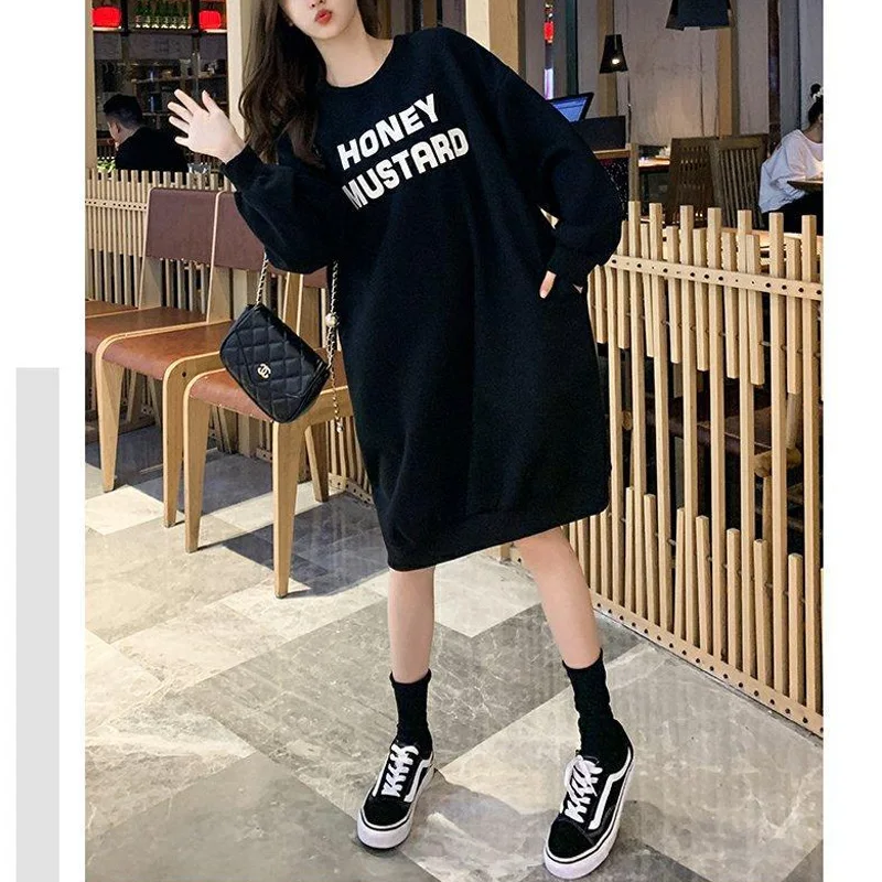 

Autumn Winter Fleece Letter Printing Midi Dress Long Sleeve Solid O-Neck Loose All-match Dresses Fashion Casual Women Clothing